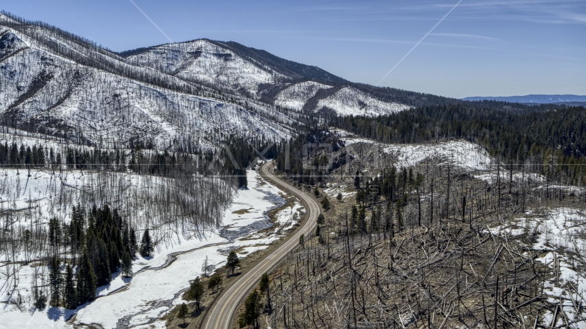 A winding road between snowy mountains and evergreens, New Mexico Aerial Stock Photo DXP002_134_0015 | Axiom Images