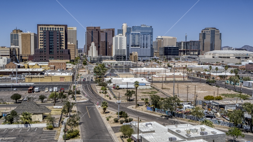 High-rise office buildings seen from 1st Avenue, Downtown Phoenix, Arizona Aerial Stock Photo DXP002_136_0006 | Axiom Images