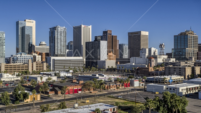 The city's high-rise office buildings in Downtown Phoenix, Arizona Aerial Stock Photo DXP002_138_0004 | Axiom Images