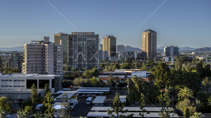 A group of high-rise apartment and office buildings in Phoenix, Arizona Aerial Stock Photo DXP002_138_0008 | Axiom Images