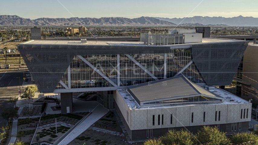 The front of the Maricopa County Sheriff’s Office at sunset in Downtown Phoenix, Arizona Aerial Stock Photo DXP002_142_0009 | Axiom Images