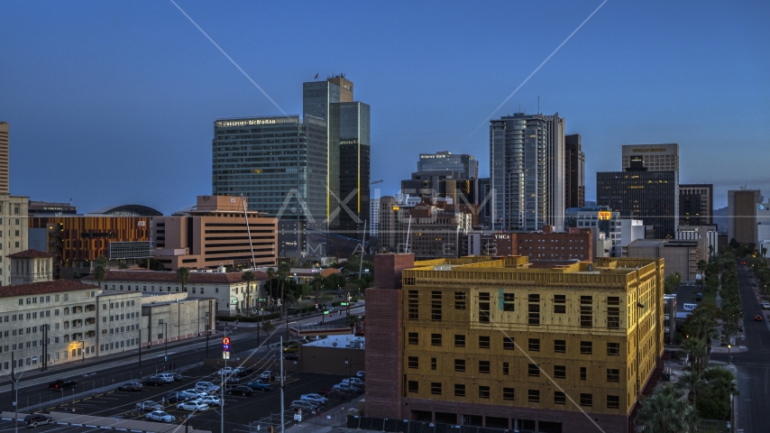 High-rise office buildings at twilight, Downtown Phoenix, Arizona Aerial Stock Photo DXP002_143_0009 | Axiom Images