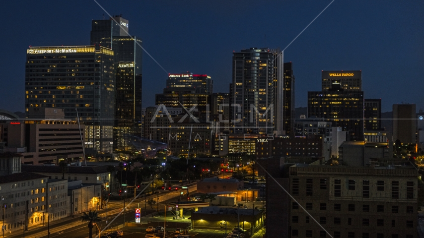 A view of high-rise office towers at twilight, Downtown Phoenix, Arizona Aerial Stock Photo DXP002_143_0014 | Axiom Images