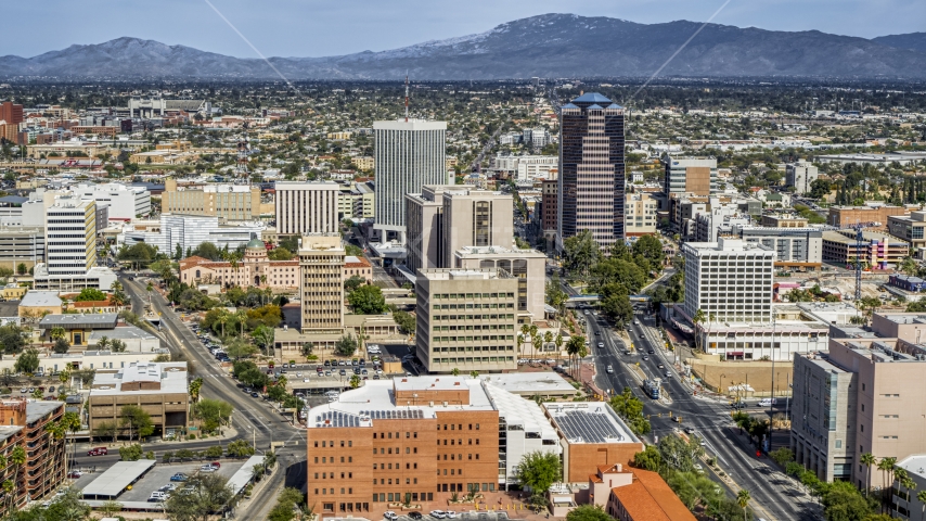 High-rise office towers and city buildings in Downtown Tucson, Arizona Aerial Stock Photo DXP002_144_0006 | Axiom Images