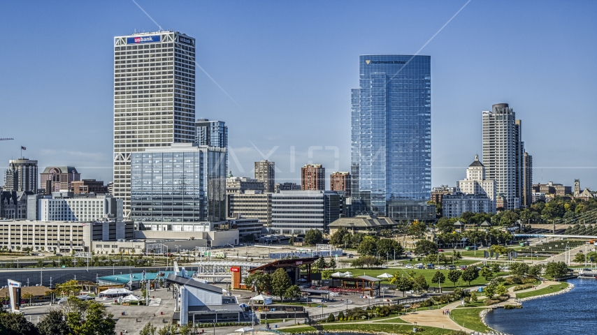 A pair of skyscrapers in Downtown Milwaukee, Wisconsin Aerial Stock Photo DXP002_149_0001 | Axiom Images