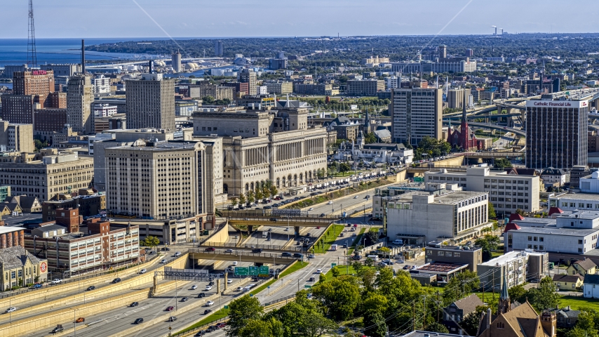 A courthouse beside the I-43 freeway in Milwaukee, Wisconsin Aerial Stock Photo DXP002_152_0002 | Axiom Images