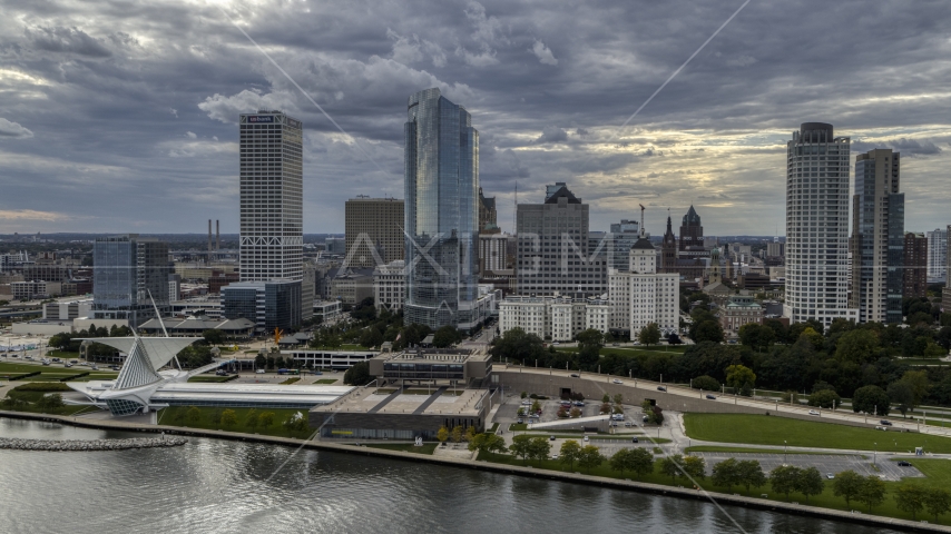 Skyscrapers and the waterfront art museum in Downtown Milwaukee, Wisconsin Aerial Stock Photo DXP002_154_0001 | Axiom Images