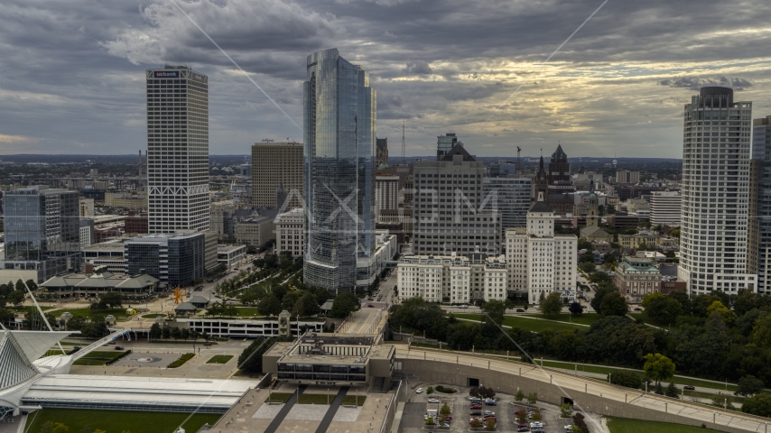 Skyscrapers near the art museum by Lake Michigan in Downtown Milwaukee, Wisconsin Aerial Stock Photo DXP002_154_0002 | Axiom Images