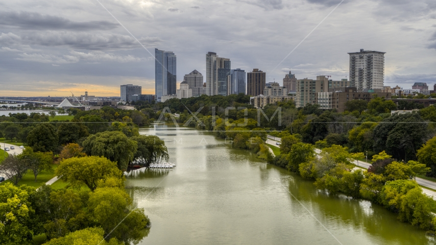 The city's skyline, seen from pond at Veterans Park, Downtown Milwaukee, Wisconsin Aerial Stock Photo DXP002_154_0005 | Axiom Images