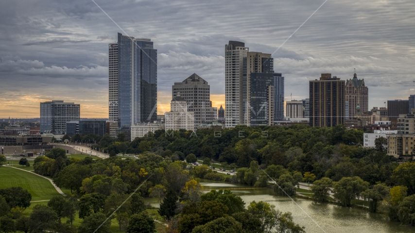 The city's skyline at sunset, Downtown Milwaukee, Wisconsin Aerial Stock Photo DXP002_155_0001 | Axiom Images