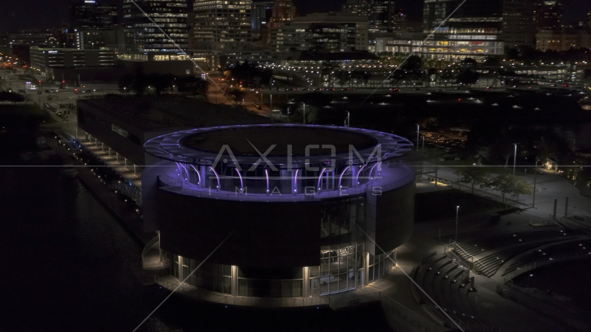 Close-up view of Discovery World museum at night, Downtown Milwaukee, Wisconsin Aerial Stock Photo DXP002_157_0004 | Axiom Images