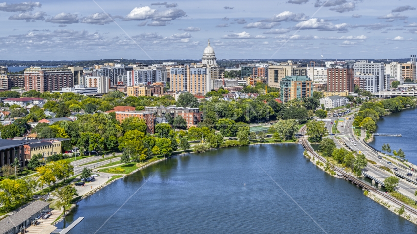 Apartment complexes near capitol dome in Madison, Wisconsin Aerial Stock Photo DXP002_158_0003 | Axiom Images