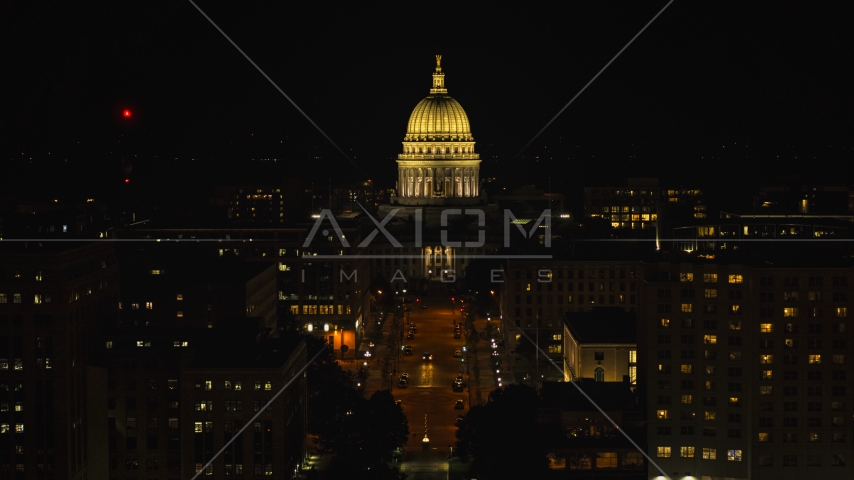 A view of the capital dome at night, Madison, Wisconsin Aerial Stock Photo DXP002_162_0004 | Axiom Images