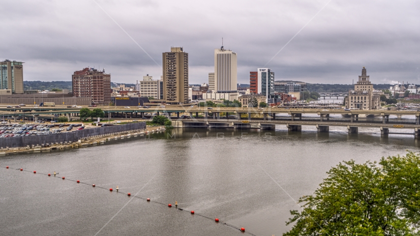 Apartment high-rise and bridges across the river, Downtown Cedar Rapids, Iowa Aerial Stock Photo DXP002_164_0007 | Axiom Images