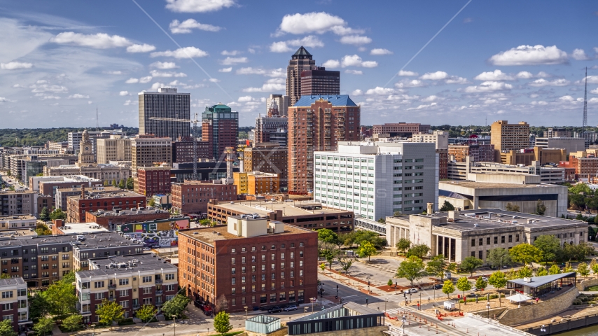 The city's skyline seen from office buildings in Downtown Des Moines, Iowa Aerial Stock Photo DXP002_165_0001 | Axiom Images