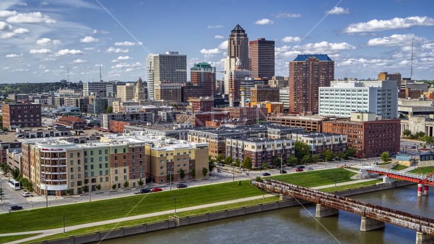 Hotels and apartment complex with view of skyline, Downtown Des Moines, Iowa Aerial Stock Photo DXP002_165_0007 | Axiom Images