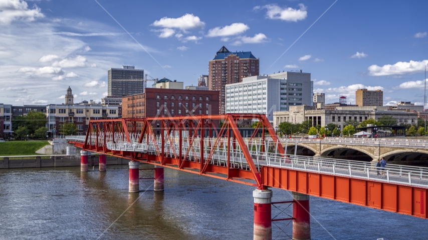 Government offices and skyline seen from a pedestrian bridge, Downtown Des Moines, Iowa Aerial Stock Photo DXP002_165_0010 | Axiom Images