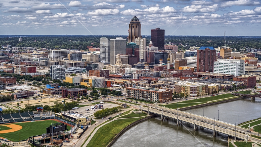 The city's skyline seen from the Cedar River, Downtown Des Moines, Iowa Aerial Stock Photo DXP002_165_0013 | Axiom Images