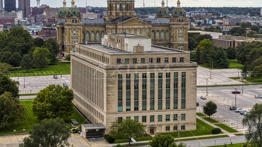 A state government building on the capitol grounds in Des Moines, Iowa Aerial Stock Photo DXP002_166_0002 | Axiom Images