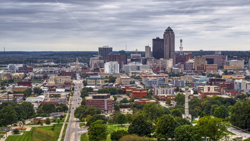 The distant skyline seen from the capitol grounds, Downtown Des Moines, Iowa Aerial Stock Photo DXP002_166_0003 | Axiom Images