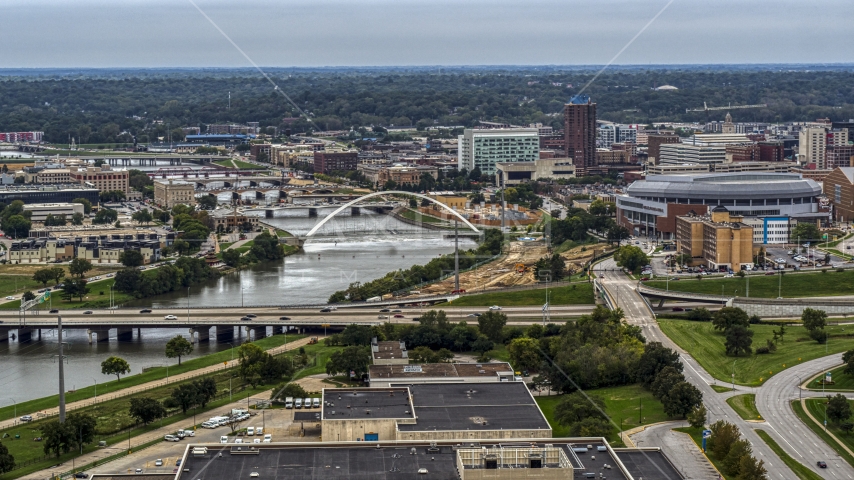 Bridges over Cedar River by the arena in Downtown Des Moines, Iowa Aerial Stock Photo DXP002_167_0003 | Axiom Images