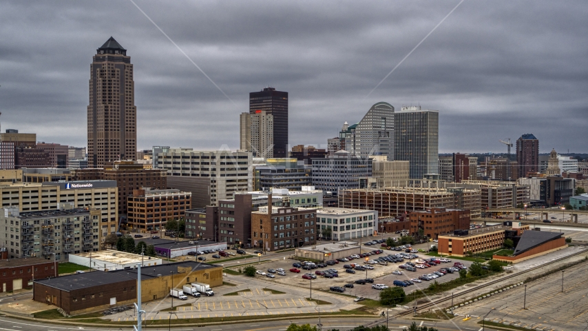 Office buildings around the skyscraper in Downtown Des Moines, Iowa Aerial Stock Photo DXP002_167_0008 | Axiom Images