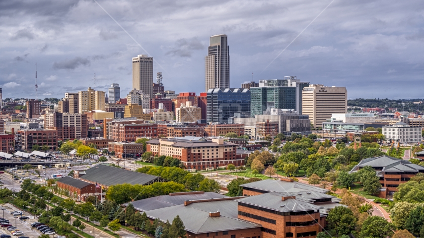 The city's skyline in Downtown Omaha, Nebraska Aerial Stock Photo DXP002_168_0001 | Axiom Images