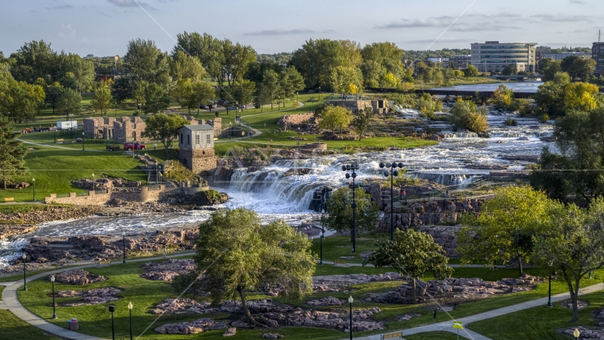 The falls at Falls Park at sunset in Sioux Falls, South Dakota Aerial Stock Photo DXP002_176_0001 | Axiom Images