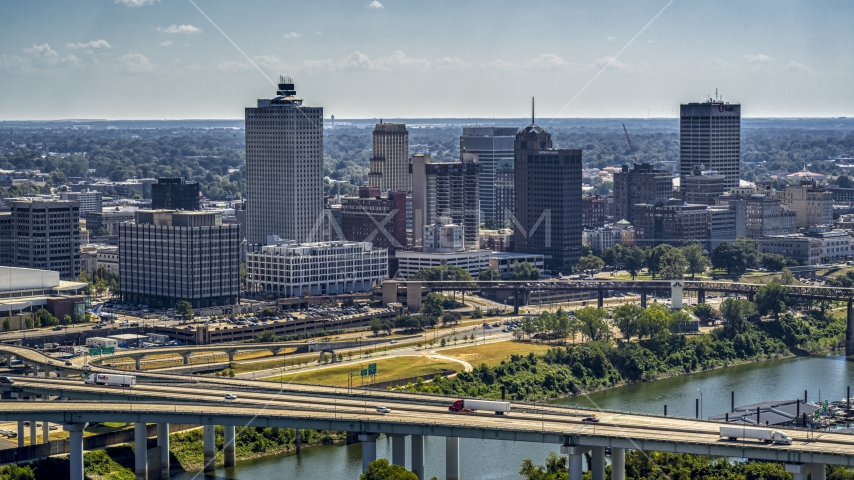 A view of the city's skyline seen from a bridge in Downtown Memphis, Tennessee Aerial Stock Photo DXP002_177_0001 | Axiom Images