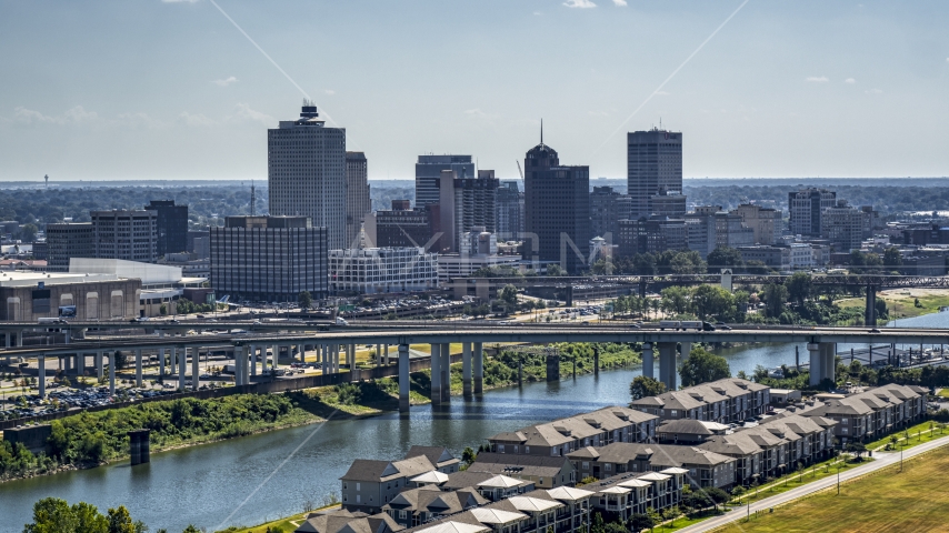 The city's skyline and bridge in Downtown Memphis, Tennessee Aerial Stock Photo DXP002_177_0002 | Axiom Images