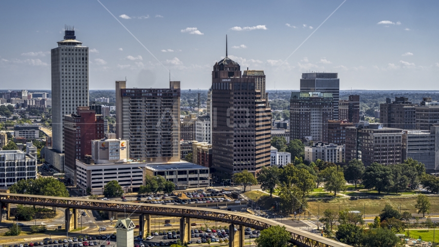 An office tower with spire in Downtown Memphis, Tennessee Aerial Stock Photo DXP002_177_0009 | Axiom Images