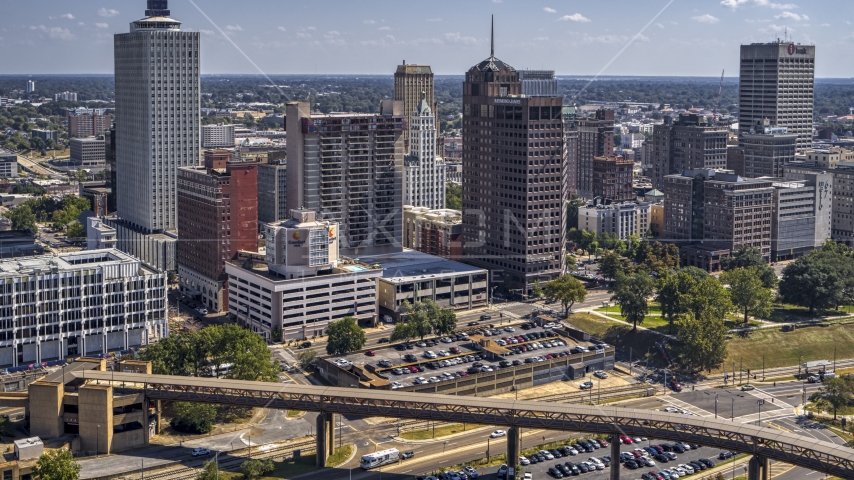 A view of the skyline from the river in Downtown Memphis, Tennessee Aerial Stock Photo DXP002_178_0001 | Axiom Images