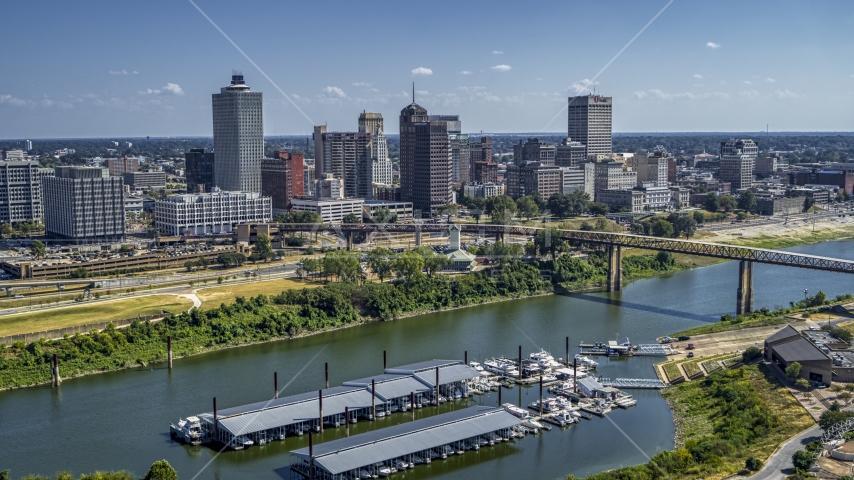 A view of the skyline across the river, Downtown Memphis, Tennessee Aerial Stock Photo DXP002_178_0003 | Axiom Images