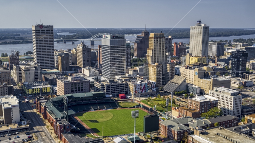 A view of tall office towers and a baseball stadium in Downtown Memphis, Tennessee Aerial Stock Photo DXP002_179_0001 | Axiom Images