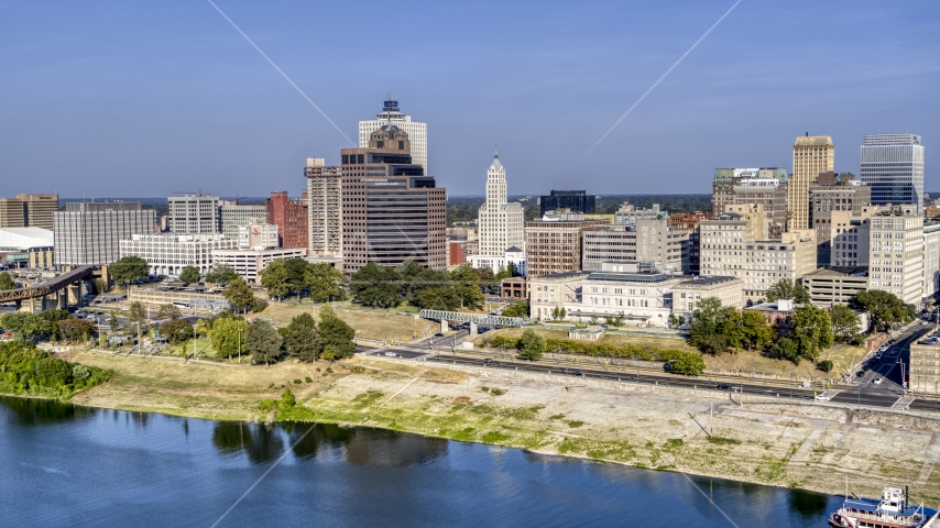 A view of office buildings near Wolf River Harbor, Downtown Memphis, Tennessee Aerial Stock Photo DXP002_180_0003 | Axiom Images