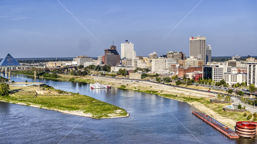 Office buildings beside Wolf River Harbor, Downtown Memphis, Tennessee Aerial Stock Photo DXP002_180_0004 | Axiom Images