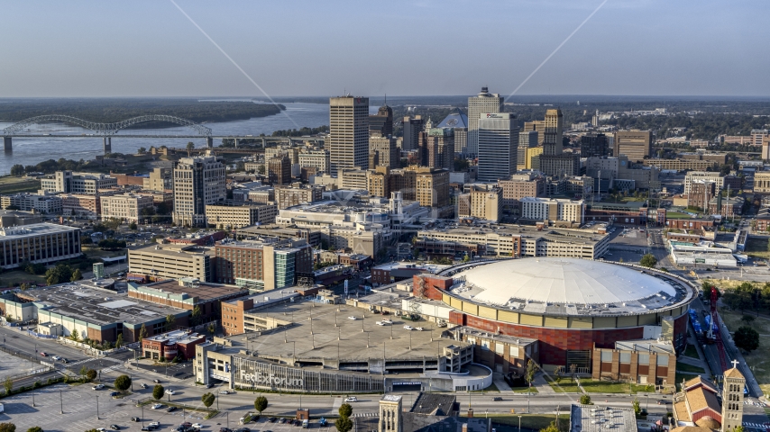 FedEx Forum arena and city skyline at sunset, Downtown Memphis, Tennessee Aerial Stock Photo DXP002_180_0005 | Axiom Images