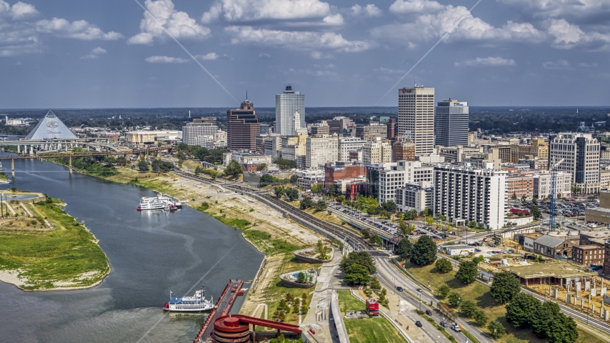 Tall office buildings in Downtown Memphis, Tennessee Aerial Stock Photo DXP002_183_0004 | Axiom Images