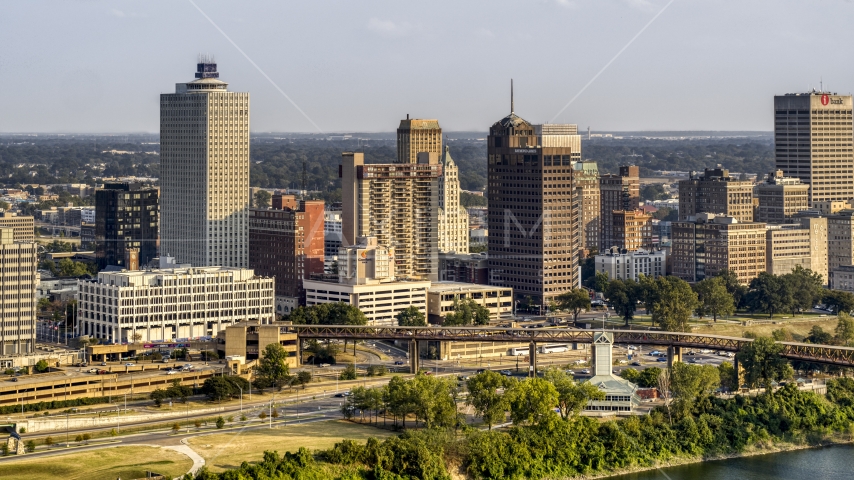 A view of the skyline at sunset, Downtown Memphis, Tennessee Aerial Stock Photo DXP002_185_0001 | Axiom Images