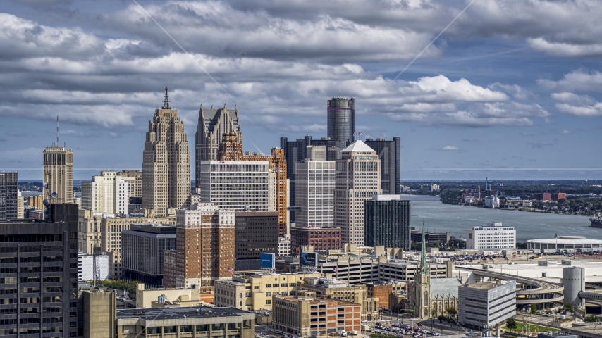 Tall skyscrapers in the city's skyline, Downtown Detroit, Michigan Aerial Stock Photo DXP002_189_0003 | Axiom Images