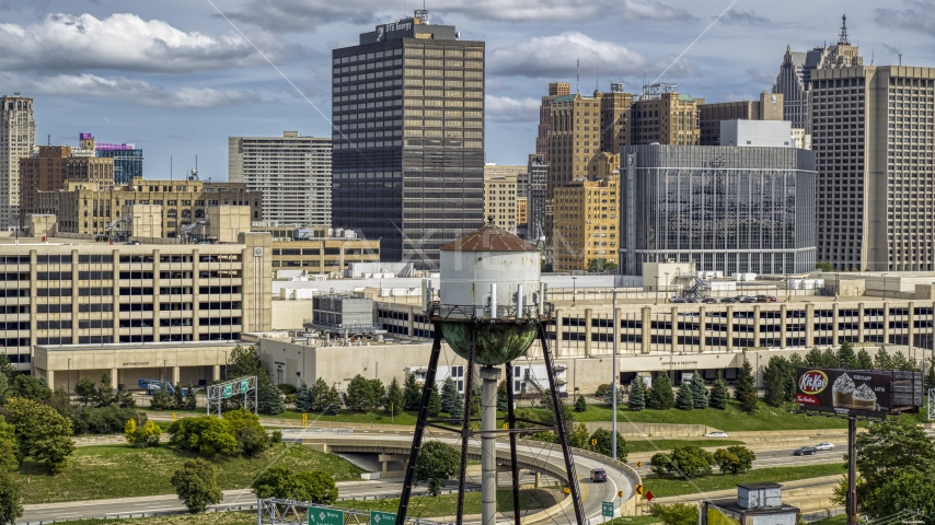 A water tower in Downtown Detroit, Michigan Aerial Stock Photo DXP002_189_0005 | Axiom Images