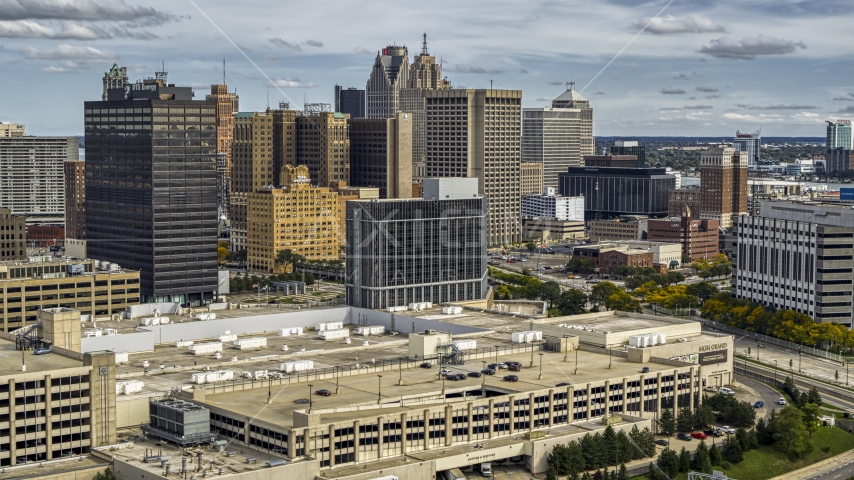 A hotel with view of skyscrapers, Downtown Detroit, Michigan Aerial Stock Photo DXP002_190_0002 | Axiom Images