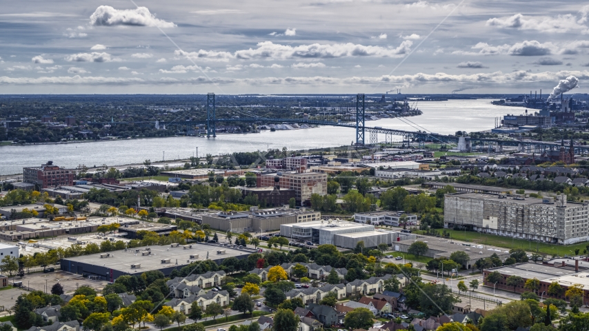 The Ambassador Bridge spanning the Detroit River, Detroit, Michigan Aerial Stock Photo DXP002_190_0003 | Axiom Images