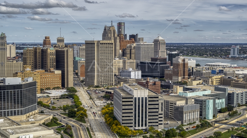 Federal building and skyscrapers in Downtown Detroit, Michigan Aerial Stock Photo DXP002_190_0004 | Axiom Images