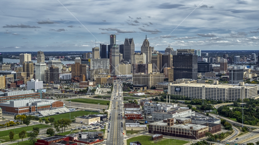 The towering skyscrapers in the downtown skyline, Downtown Detroit, Michigan Aerial Stock Photo DXP002_190_0005 | Axiom Images