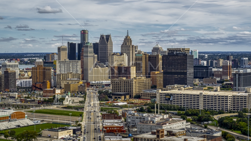 Tall skyscrapers in the city's skyline, Downtown Detroit, Michigan Aerial Stock Photo DXP002_190_0010 | Axiom Images