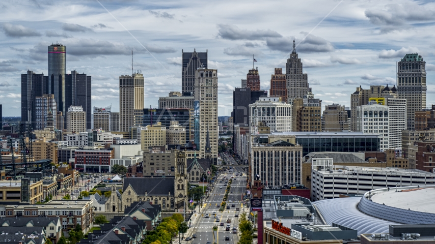 The city's downtown skyline seen from the arena, Downtown Detroit, Michigan Aerial Stock Photo DXP002_190_0012 | Axiom Images