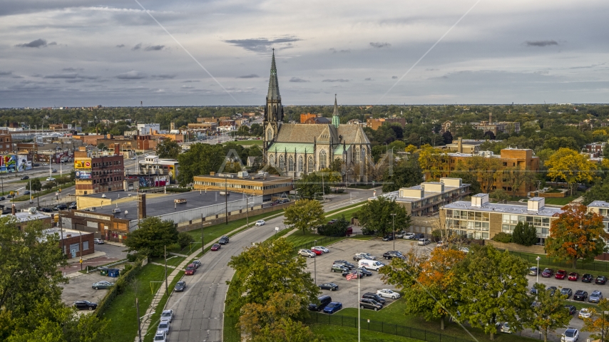 A church at sunset, Detroit, Michigan Aerial Stock Photo DXP002_192_0004 | Axiom Images