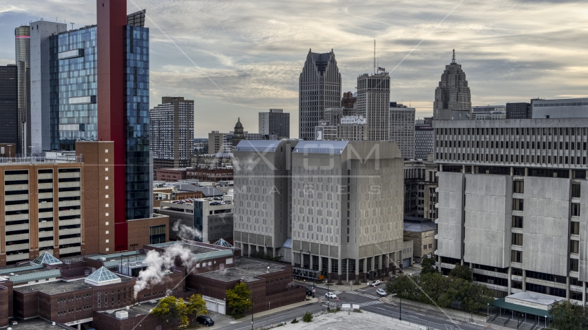 The Wayne County Jail Division 1 building at sunset, Downtown Detroit, Michigan Aerial Stock Photo DXP002_192_0006 | Axiom Images