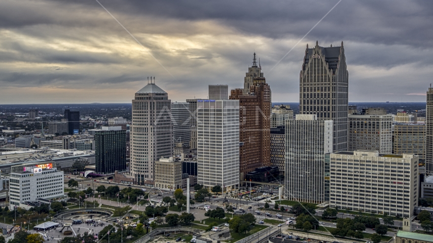 Downtown skyscrapers seen from the river at sunset, Downtown Detroit, Michigan Aerial Stock Photo DXP002_192_0009 | Axiom Images